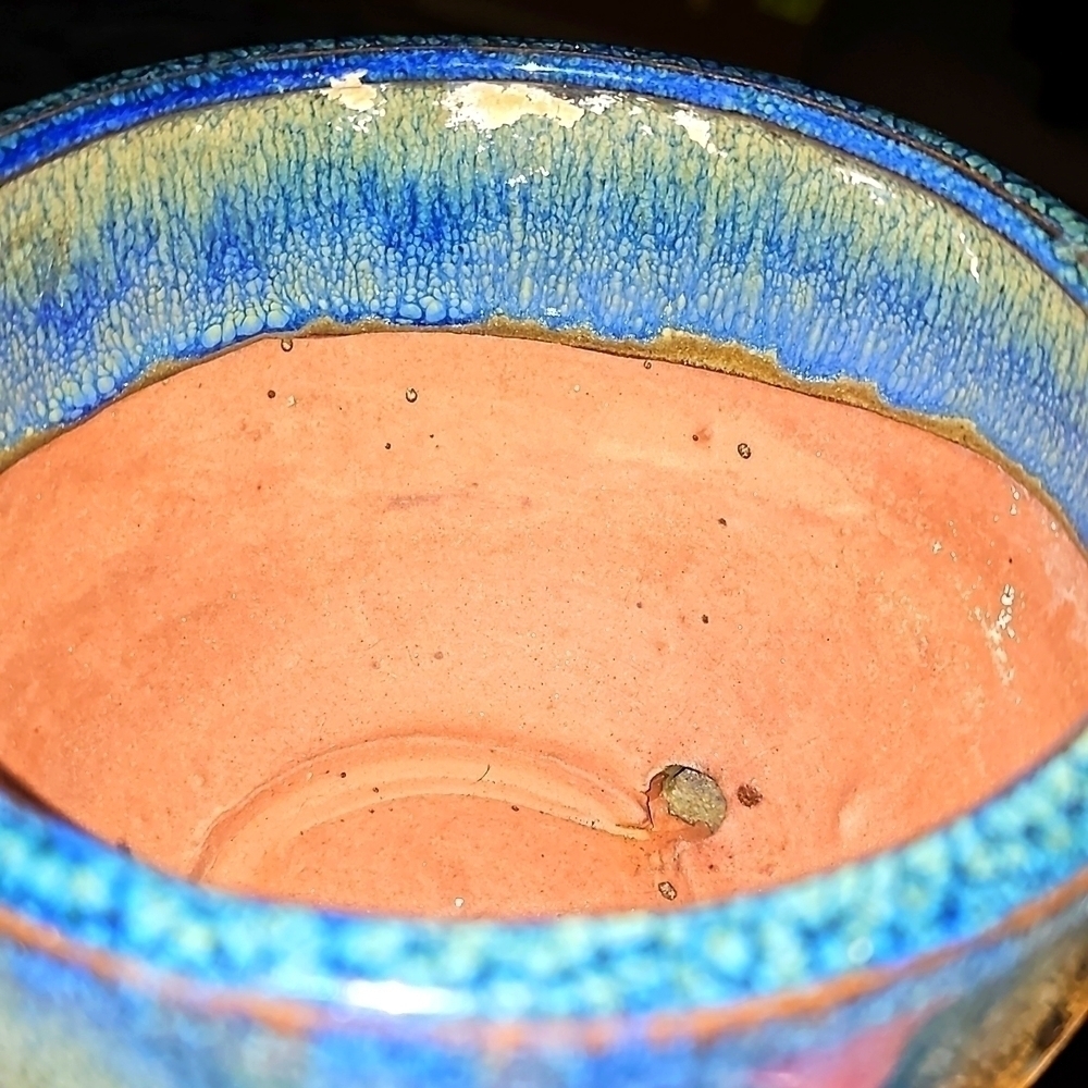 Blue & Tan Ceramic Planter With Saucer and Drainage Holes Preowned 6"x6"x4" - Picture 9 of 12